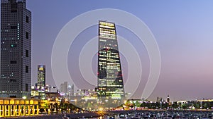 Yachts and boats at the Sharq Marina day to night timelapse in Kuwait. Kuwait City, Middle East