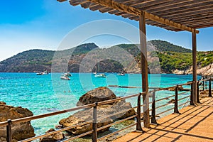 Yachts at coast on Majorca with beautiful turquoise blue sea water