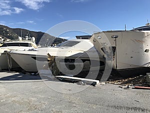 Yachts destroyed by storm hurrican in Rapallo, Italy