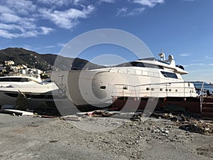 Yachts destroyed by storm hurrican in Rapallo, Italy