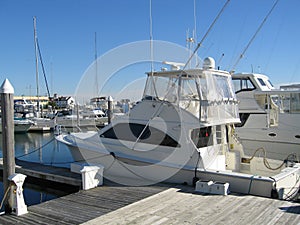 Yachts docked at a pier