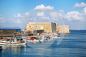 Yachts and ferry boat in the port of Heraklion. Panoramic view