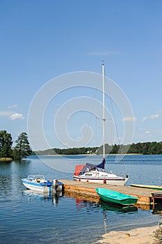 Yachts on Galve lake near Trakai Island castel. Lithuania