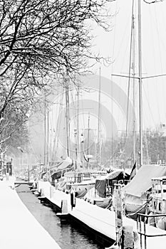 Yachts in ice and snow - black and white