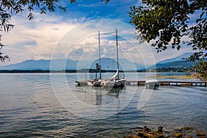 Yachts on Lake Viverone in Italy.