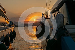 Yachts and luxury boats at Poros island in Greece against the sunset. Golden hour