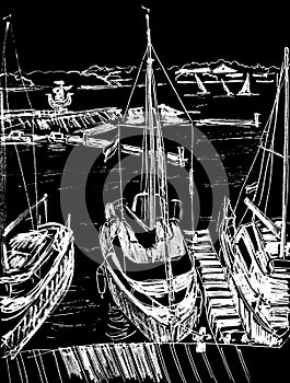 Yachts in a marina on the Daugava river in Riga, black and white graphic, travel sketch