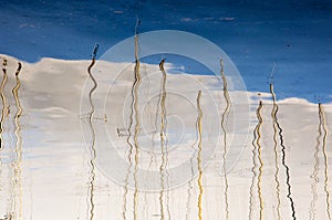 Yachts masts and clouds in water