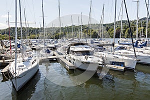 Yachts moored at Boweness on Windermere, Lake Windermere.