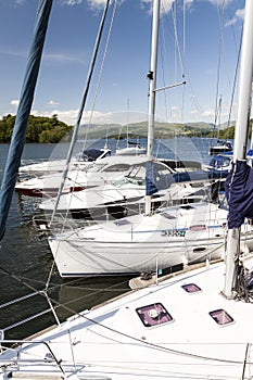 Yachts moored at Boweness on Windermere, Lake Windermere.