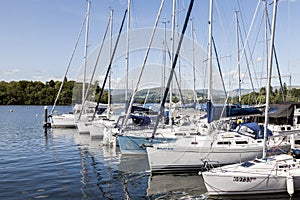 Yachts moored at Boweness on Windermere, Lake Windermere.