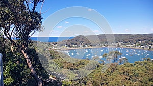 Yachts Moored in Brisbane Water. A view from Allen Strom Lookout looking towards Ettalong Beach Sydney New South Wales Australia