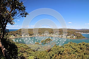 Yachts Moored in Brisbane Water. A view from Allen Strom Lookout looking towards Ettalong Beach Sydney New South Wales Australia