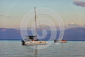 Yachts Moored in Gulf of Corinth Bay, Early Morning Dawn, Greece