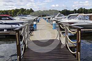 The yachts is moored at the pier of the river. Part of the frame