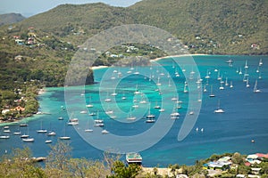 Yachts moored at a sheltered harbor in the windward islands