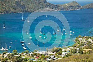 Yachts moored at a sheltered harbor in the windward islands