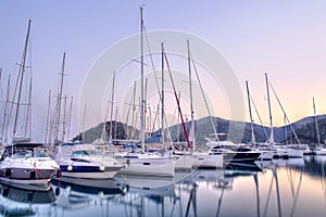 Yachts parking in harbor at sunset, Harbor yacht club in Gocek, Turkey