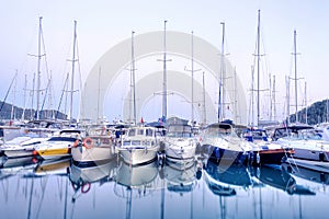 Yachts parking in harbor at sunset, Harbor yacht club in Gocek, Turkey