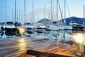 Yachts parking in harbor at sunset, Harbor yacht club in Gocek,Turkey
