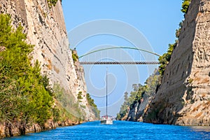 Yachts Pass Along the Corinth Canal and Blue Sky