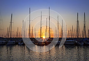 Yachts at the pier at sunset, the Mediterranean sea