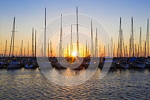 Yachts at the pier at sunset, the Mediterranean sea,