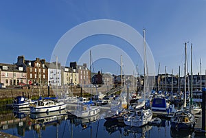 Yachts and Pleasure Craft moored up in the new Marina with floating Pontoons at Arbroath Harbour