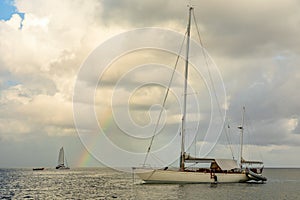 Yachts at  Rodney bay with rainbow in the backround, Saint Lucia, Caribbean sea