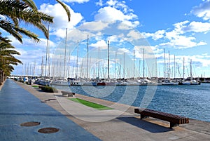 Yachts and Sailboat in the  La Marina de Valencia, Spain.