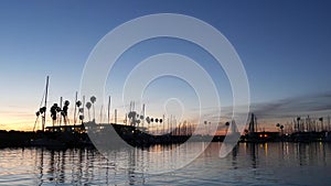 Yachts sailboats in marina harbour. Sail boat masts in twilight. Dusk in harbor, California USA.