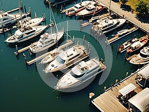 Yachts and sailboats are moored at the dock. on a sunny day. view from above