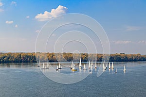 Yachts at sailing regatta on Dnieper river in Kremenchug, Ukraine