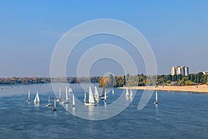 Yachts at sailing regatta on the Dnieper river in Kremenchug, Ukraine