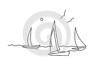 Yachts on sea waves. Seagull in the sky. Draw one continuous line illustration. Isolated on white background