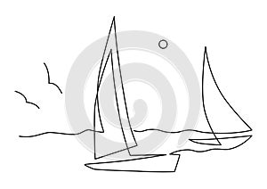 Yachts on sea waves. Seagull in the sky. Draw one continuous line. Vector illustration. Isolated on white background