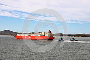 Yachts, seagoing vessels and tugboats on the roads of the port of Gladstone, Australia. December, 2019.