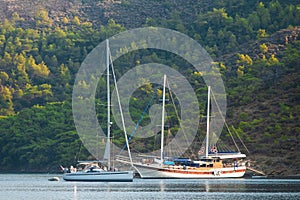 Yachts waiting in the bay on Mediterranean sea in mugla turkey
