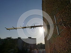 Yagi Uda dvbt antenna for UHF tv installed on the wall