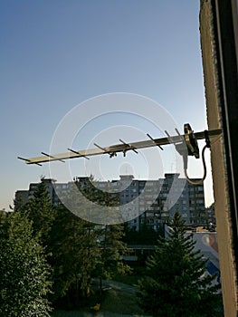 Yagi Uda dvbt antenna for UHF tv installed on the wall