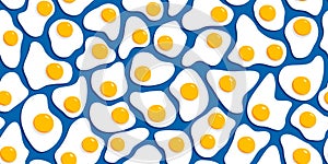 Many fried eggs on blue background, food in the flat style, abstract vector design seamless pattern