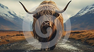 A yak on a road. Generative AI.