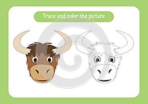 Yak. Trace and color the picture. Educational game for children. Handwriting and drawing practice. Nature theme activity for