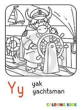 Yak yachtsman ABC coloring book. Alphabet Y