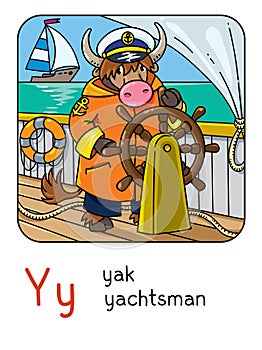 Yak yachtsman. Animals profession ABC. Alphabet Y