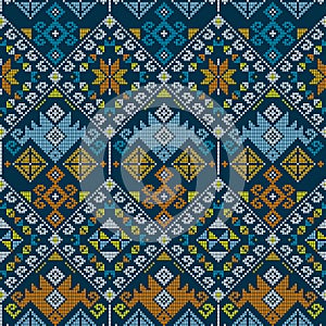 Yakan weaving inspired vector seamless geometric pattern - Filipino traditonal wallpaper, textile or fabric print design in navy b