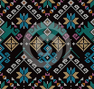 Yakan weaving inspired vector seamless pattern - Filipino traditonal geometric textile or fabric print design on black background