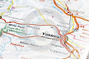 Yakima city road map area. Closeup macro view photo