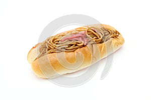 Yakisoba on a Hotdog bun in a white background