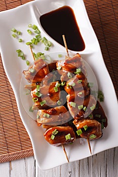 Yakitori chicken with green onions close-up on a plate. vertical